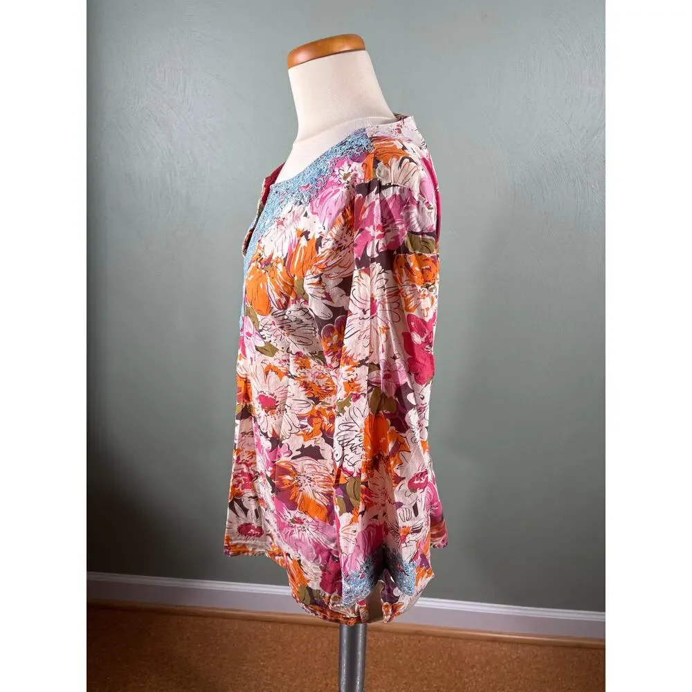 Sundance Womens Medium Cotton Split Neck 3/4 Sleeve Embroidered Tunic Top Blouse